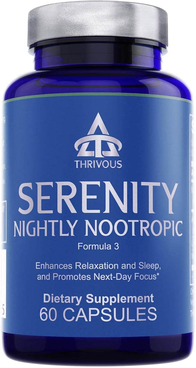 Thrivous Serenity Nightly Nootropic – Sleep &amp Relaxation Formula with KSM-66 Ashwagandha L-Theanine Magnesium Glycinate &amp Melatonin – 60 Vegan Capsules