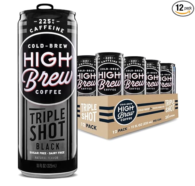 High Brew Coffee | Lightly Sweetened Cold Brew Iced Coffee with Pure Cane Sugar – 225 mg Natural Caffeine Patiently Brewed Never Heated. Low-Acid Ready-to-Drink | 8 oz Can (Triple Shot Black)