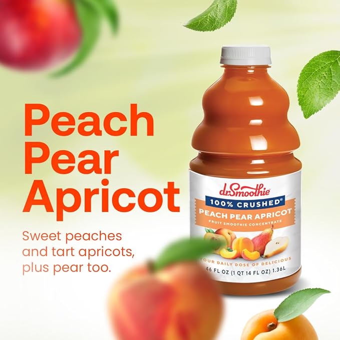 Dr. Smoothie 100% Crushed Peach Pear Apricot – No Added Sugar Made with Real Fruits/Fruit Juice – Vegan No Artificial Colors or Flavors – Juicy Sweet Peaches Tart Apricots &amp Pears – 46 oz Bottl