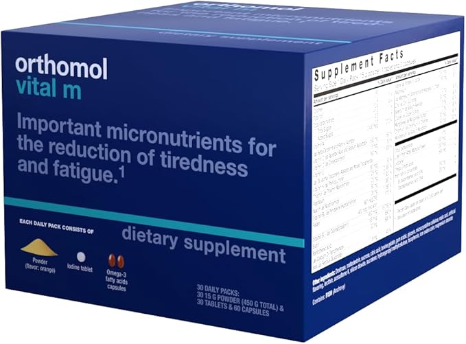Orthomol Vital M Powder &amp Tablet Packet for Men 30-Day Vitamin Supplement – Daily Energy Fatigue Reduction &amp Vitality Support with Vitamins A B C D E K Omega-3 &amp Iodine