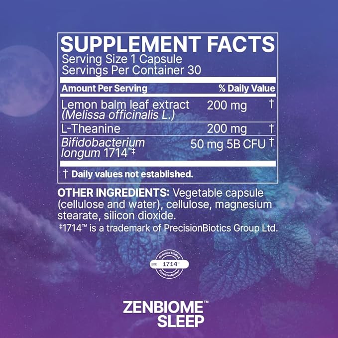 Microbiome Labs Zenbiome Sleep - L Theanine Supplement with Lemon Balm Extract &amp Probiotics with Bifidobacterium Longum - Help Soothe The Gut-Brain Axis at Bedtime (30 Capsules)