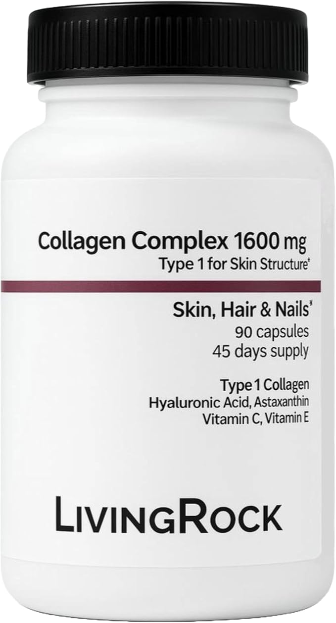 LivingRock Collagen Complex 1600mg with Type I Marine Collagen Hyaluronic Acid Astaxanthin Vitamin C &amp E Natural Multi-Ingredient Formula 90 Vegetable Capsules 45-Day Supply