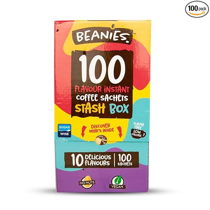 Beanies 100 Instant Coffee Packets – Variety Pack - Individual Coffee Singles – 10 Flavors for A Bold &amp Adventurous Coffee Gift Basket100 Stick Mix