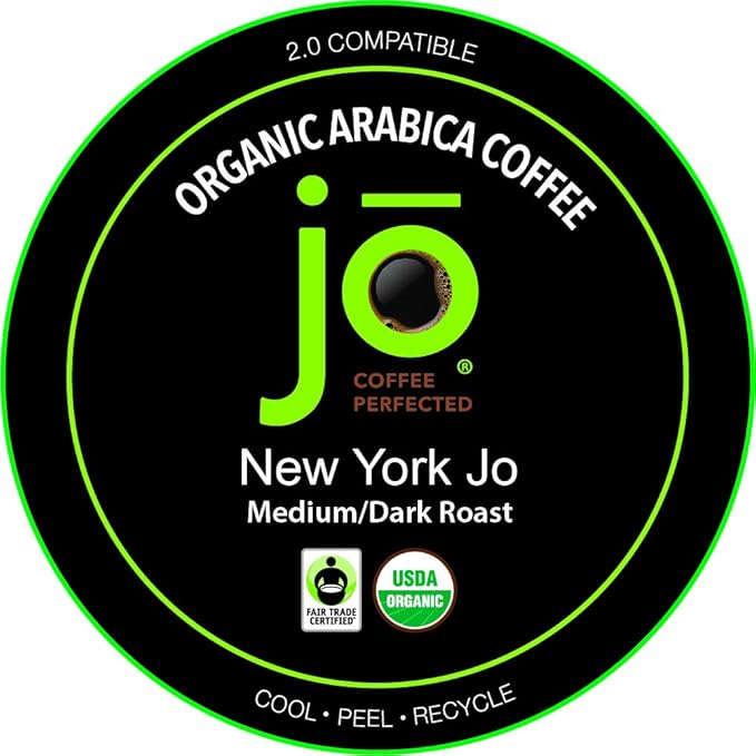 NEW YORK JO: 48 Cups Medium Dark Roast Organic Coffee for Keurig K-Cup Compatible Brewers Fresh Seal Single Serve Cups Smooth Rich Complex Signature Blend Fair Trade Certified Kosher Gluten Free