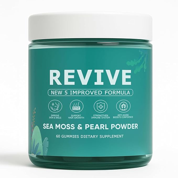 Revive Hair Gummies Balmbare Revive Gummies for Hair Promotes Thicker Fuller Stronger Hair with Organic Irish Sea Moss Pearl Powder Glow Vitamin C/E Aloe Vera 60 Count