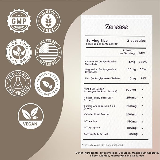 Zen Principle Zenease Sleep Support with Magnesium Glycinate Ashwagandha KSM-66® Saffron L-Theanine &amp GABA – No Melatonin Natural Stress Relief &amp Sleep Aid. 90 Capsules