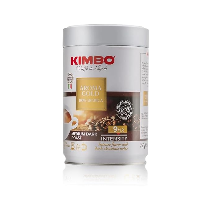 Kimbo Aroma Gold 100% Arabica Ground Coffee | Medium Dark Roast | 9/13 Intensity | Intense Flavor &amp Dark Chocolate Notes | 8.8 oz Can - Pack of 3