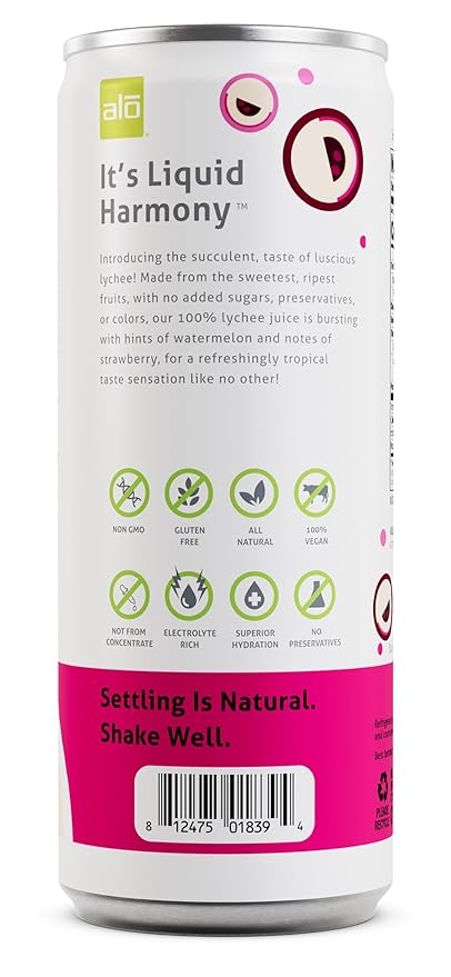 ALO Slim Can Juice Lychee with Real Fruit Pulp| 10.82 fl oz Pack of 12 | Plant-Based Beverage 100% Natural Juice