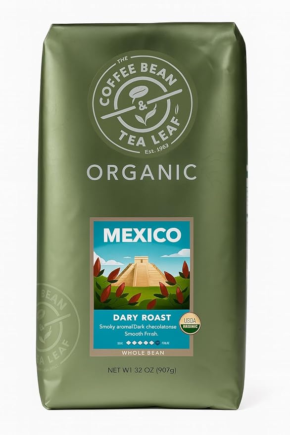 Organic Mexican Coffee Beans - Dark Roast Whole Bean Arabica - 32oz Premium Single Origin - Smoky Aroma &amp Dark Chocolate Notes - Gourmet Coffee