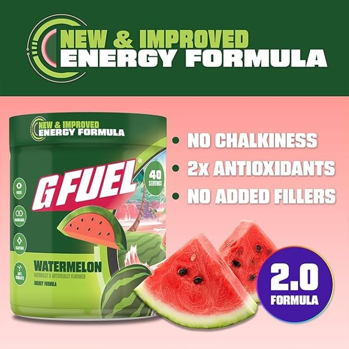 G Fuel Watermelon Energy Drink Powder Pre Workout Caffeine Mix for Gaming Sugar Free Focus Amino Vitamin + Antioxidants 9.9oz (Watermelon 40 Servings)