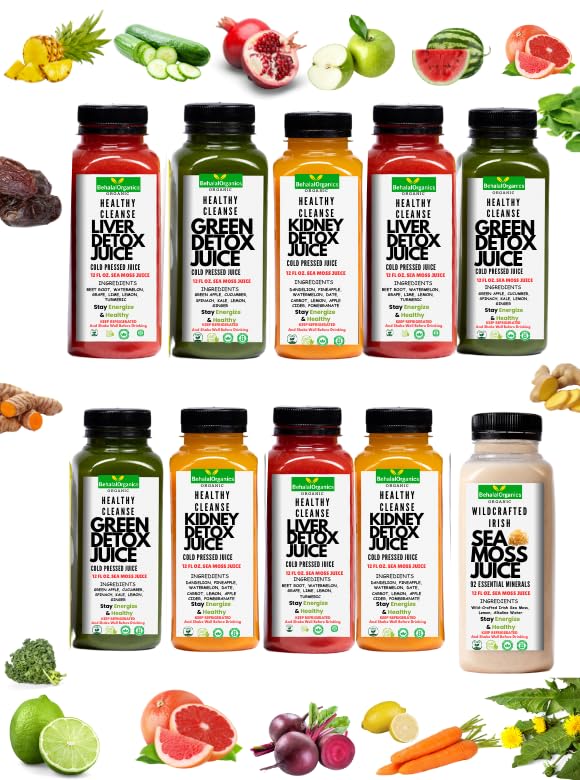 Juice Detox Cleanse by Behalal Organics All Natural Organics Raw Full Body Detox Cleanse Liver &amp Kidney Cold Pressed Fruit and Vegetable Juices Weight Management 12oz (3-DAY JUICE CLEANSE)