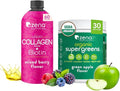 Zena Nutrition Liquid Collagen Peptides and Biotin Mixed Berry 20.3 Fl Oz + Organic Supergreens Greens Powder 70+ Superfoods Green Apple 30 Servings