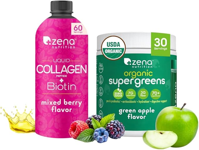 Zena Nutrition Liquid Collagen Peptides and Biotin Mixed Berry 20.3 Fl Oz + Organic Supergreens Greens Powder 70+ Superfoods Green Apple 30 Servings