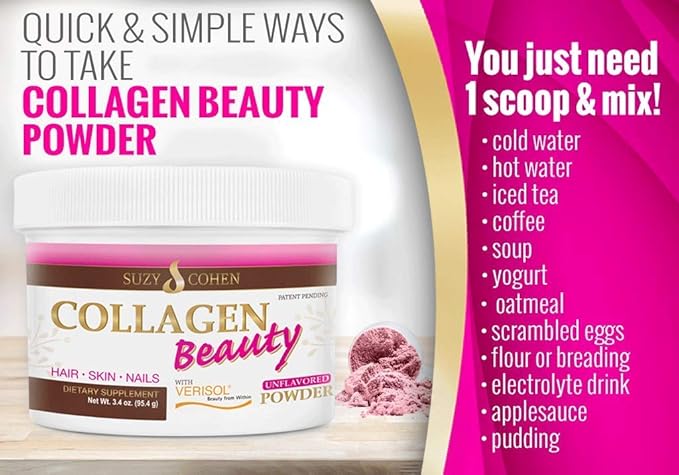 Collagen Beauty Powder™ By Suzy Cohen (3.3 oz) Anti Aging Hydrolyzed Protein Collagen Powder Type I and III for Supple Skin Shiny Hair &amp Strong Nails- Unflavored Powder Drink with Verisol- Made i