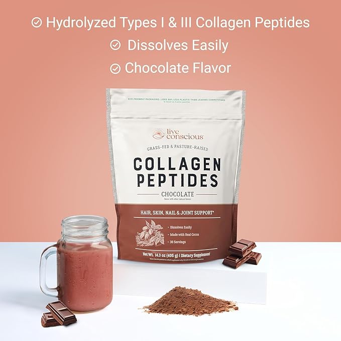 Live Conscious Collagen Peptides Powder - Chocolate Collagen Powder - Hair Skin Nail and Joint Support - Type I &amp III Grass-Fed Collagen Supplements for Women and Men (2-Pack)