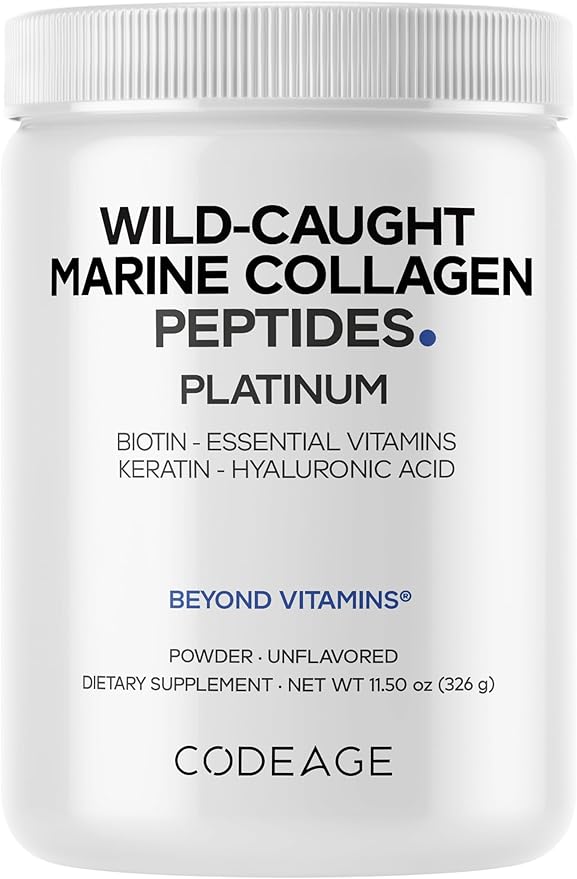 Codeage Marine Collagen Protein Powder Supplement Platinum - Biotin 10000 mcg Vitamin C D3 &amp B6 Keratin Hyaluronic Acid Niacin Wild Caught Hydrolyzed Fish Collagen Peptides - Non-GMO - 11.5