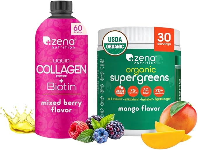 Zena Nutrition Liquid Collagen Peptides and Biotin Mixed Berry 20.3 Fl Oz + Organic Supergreens Greens Powder 70+ Superfoods Mango 30 Servings