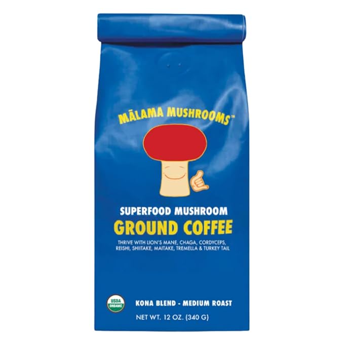 Organic Ground Mushroom Coffee by Malama | 8-Mushroom Superfood Blend with Lion’s Mane Reishi Cordyceps for Focus &amp Immune Support | Low Acid Smooth Bold Flavor Adaptogenic Energy | 12oz Bag