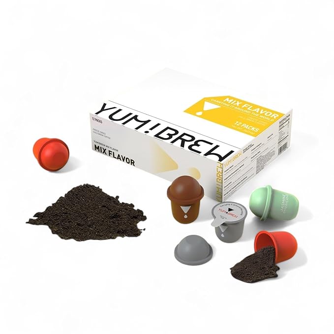 Yum!Brew Instant Freeze-Dried Coffee – 4-Flavor Variety Pack | Yunnan Arabica Beans | Americano Espresso Jasmine Coconut | 12 Servings | Hot &amp Cold Brew | No Sugar | Travel Pods