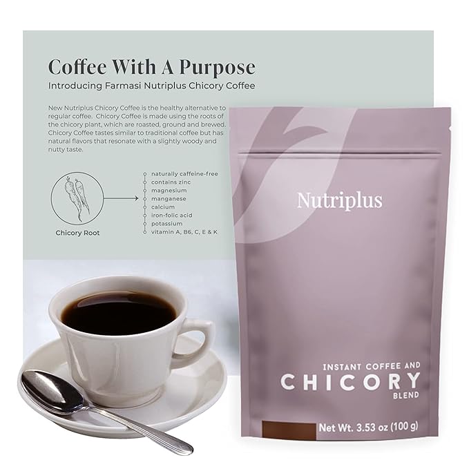 FARMASi 2 PACK Nutriplus Instant Coffee and Chicory Blend Medium Roast Low Caffeine Coffee Alternative Vegan Soluble Beverage with Chicory Root 3.53 oz Each