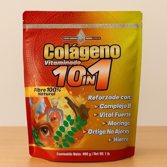 Colageno Vitaminado 10-in-1 Premium Collagen Powder with Vitamin B Complex Moringa Iron Natural Fiber 450g (1 lb) Dietary Beauty Support Supplement