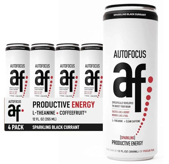 AUTOFOCUS Sparkling Energy Drink - Sparkling Focus Drink with Coffee Fruit &amp L-Theanine - Clean Caffeine Brain Booster - No Added Sugar Sparkling Productivity Drink - Black Currant - 12oz (Pack of