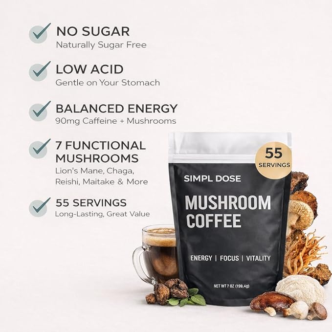 SIMPL DOSE Everyday Mushroom Coffee (55 Servings) | Focus and Energy | Instant Coffee with Lion’s Mane Chaga Cordyceps Reishi &amp More