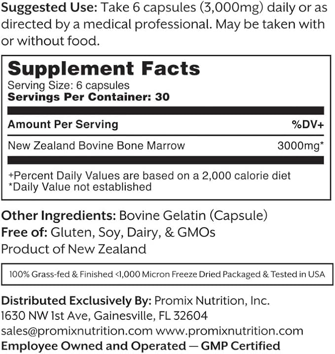 ProMix Nutrition Grass-Fed Beef Bone Marrow Supplement | Rich in Collagen Vitamins &amp Minerals - Raw &amp Freeze Dried | - 180 Gelatin Capsules