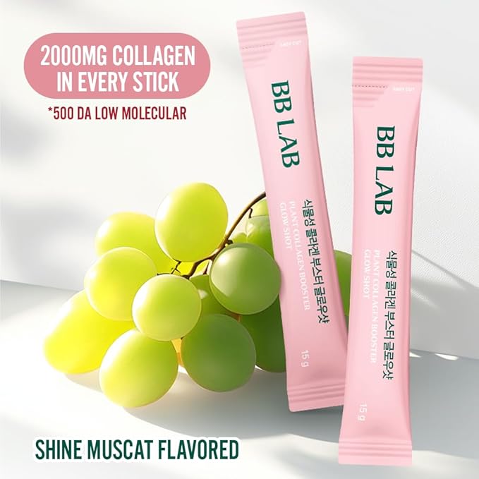 BB LAB Plant Collagen Booster Glow Shot 15g*14sticks Korea Collagen Extract with Biotin 2000mg Vegan Collagen for Woman Plant-Based Organic Hibiscus Flower Fast Absorption Shine Muscat Flavor