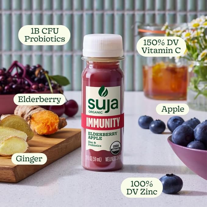 Suja Organic Immunity Elderberry Shot with Turmeric and Ginger | Immunity Boost &amp Support | Functional Shots | Cold-Pressed Juice with Live Probiotics | Plant-Based &amp Gluten-Free (20 Pack)