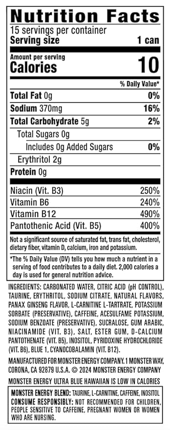 Monster Energy Ultra Blue Hawaiian Sugar Free Energy Drink 16 Ounce | Pack of 15