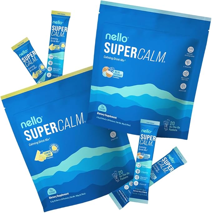 Nello Supercalm Drink Mix - Lemon Lime and Blue Coconut Ashwagandha KSM 66 Magnesium Glycinate &amp L-Theanine Supplement - Focus and Relaxation Support (2 x 20 Travel Packets)