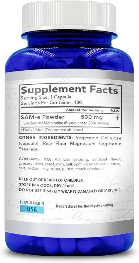 High Strength 500mg SAM E Supplement | S-Adenosyl Methionine SAMe Supplement for Bone Joint &amp Mood Support for Men and Women | Vegan Non-GMO &amp Made in US cGMP Labs (180 Veggie Capsules)