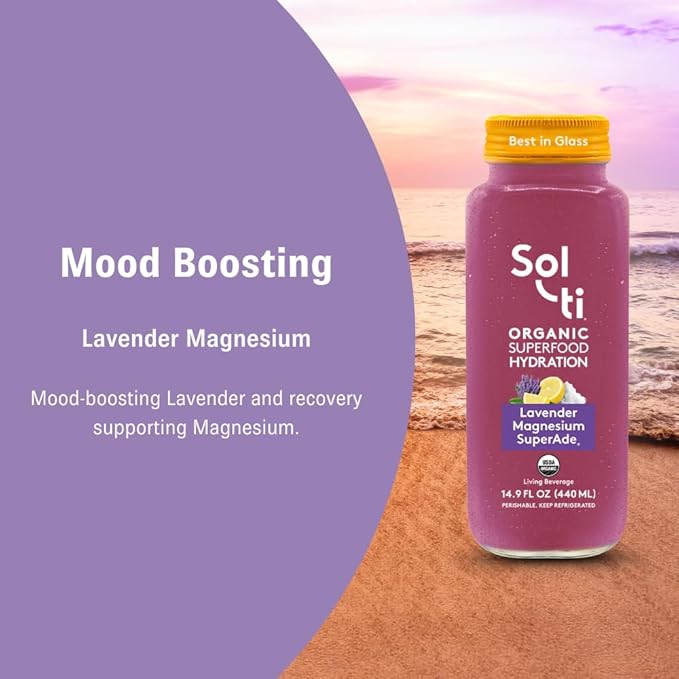 Organic SuperAde Hydration Drink Digestive Health + Balanced Mood SuperFood Lemonade by Sol-ti Cold-Pressed Lavender Magnesium &amp Lemon Juice Blend16 Pack (14.9 Fl oz)