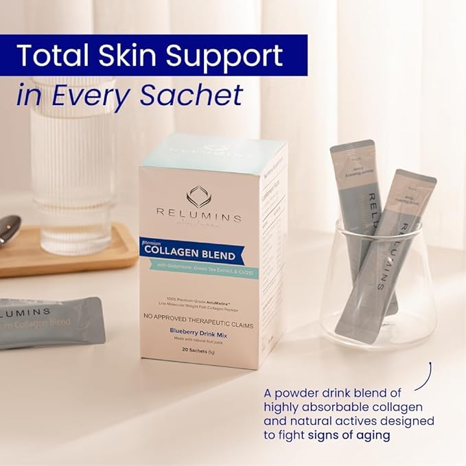 Relumins Premium Collagen &amp Gluta-1000 Bundle - 10 Sachets of Marine Collagen (Blueberry Flavor) + 60 Vegetarian Capsules - Supports Skin Care &amp Wellness