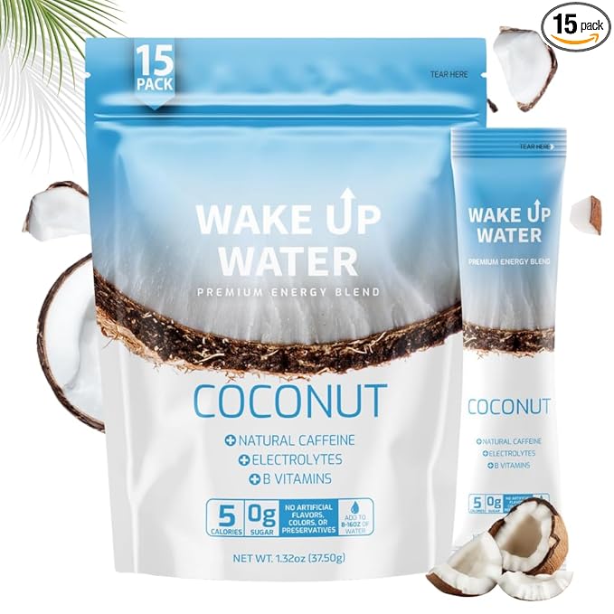 Wake Up Water Energy Drink Mix Sugar Free Clean Energy Powder with Electrolytes &amp B Vitamins Natural Caffeine for Focus &amp Hydration (15 Pack) - Coconut
