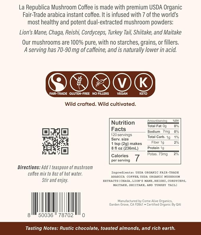 La Republica Big Shot Decaf Instant Mushroom Coffee Organic (120 Servings) with Lion's Mane Reishi Chaga Cordyceps Maitake Turkey Tail