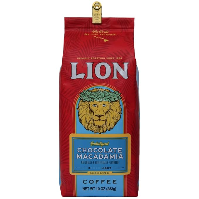 Lion Coffee Chocolate Macadamia Nut Flavored Coffee (Ground Light Medium Roast International Blend 10oz Bag)