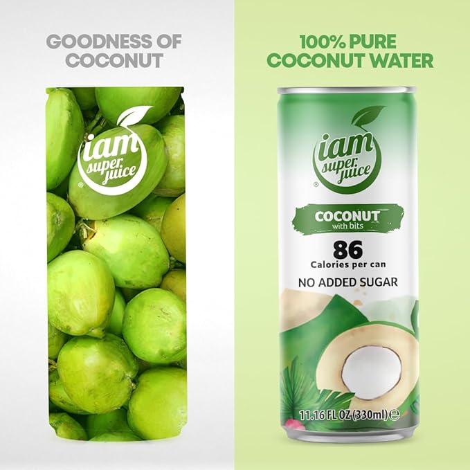 I am Superjuice 100% Coconut Water (With Bits) - Natural Fruit Juice Drink - No Added Sugar or Sweetener - Low in calories (86 per can) - No Preservatives - No concentrate - Naturally Sweet - 12 Pack