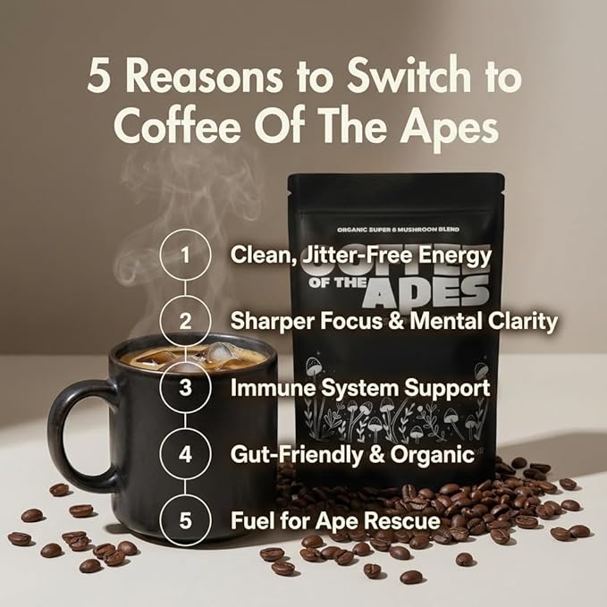 Coffee Of The Apes - Organic Instant Mushroom Coffee - High Potency Functional Adaptogen Drink with Lion's Mane Cordyceps Reishi Turkey Tail King Trumpet Shiitake Real Arabica Beans and MCT OIL