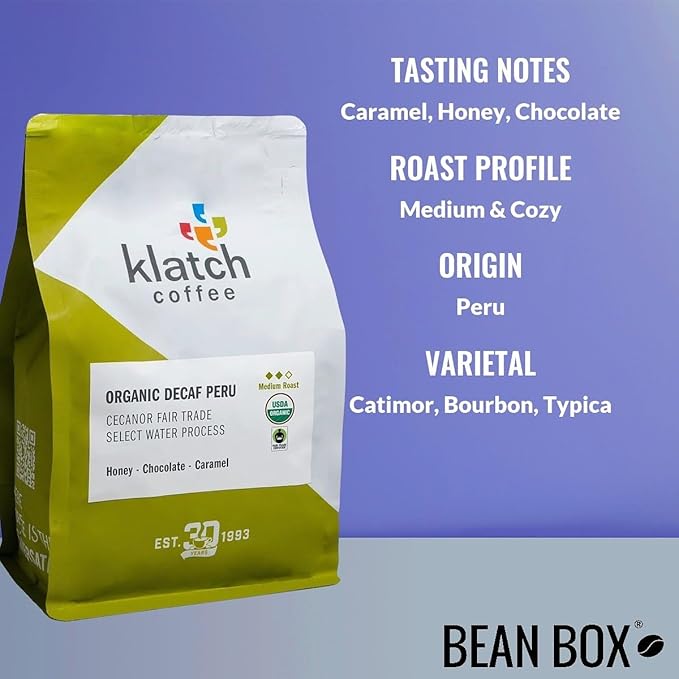 Organic Decaf Peru Cecanor Fair Trade Select Water Process - Roasted by Klatch Coffee - Whole Bean Coffee - 310 Gram Bag