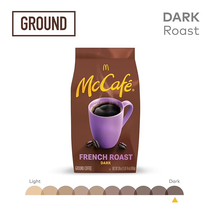 McCafe French Roast Ground Coffee Dark Roast Dark Cocoa Flavor Hints Premium Quality Responsibly Sourced Kosher Certified 30oz. Bag