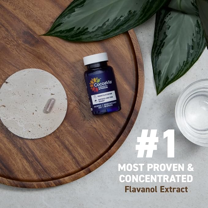 CocoaVia Memory &amp Focus Brain Supplement 90 Day Cocoa Flavanol Blend Lutein Added Caffeine for Boost. Improve Cognitive Function Attention Vegan &amp Plant Based 90 Capsules