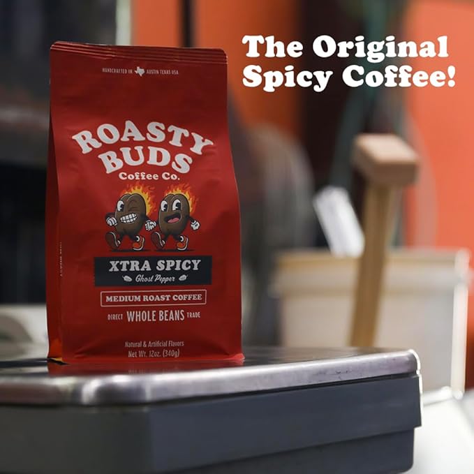 Roasty Buds Xtra Spicy Ghost Pepper Coffee | Premium Arabica Whole Beans The Original Spicy Coffee (12 oz) | Gluten-Free No Sugar/Dairy/Soy/Egg Medium Roast Coffee (12 Ounce Xtra Spicy Ghost Peppe