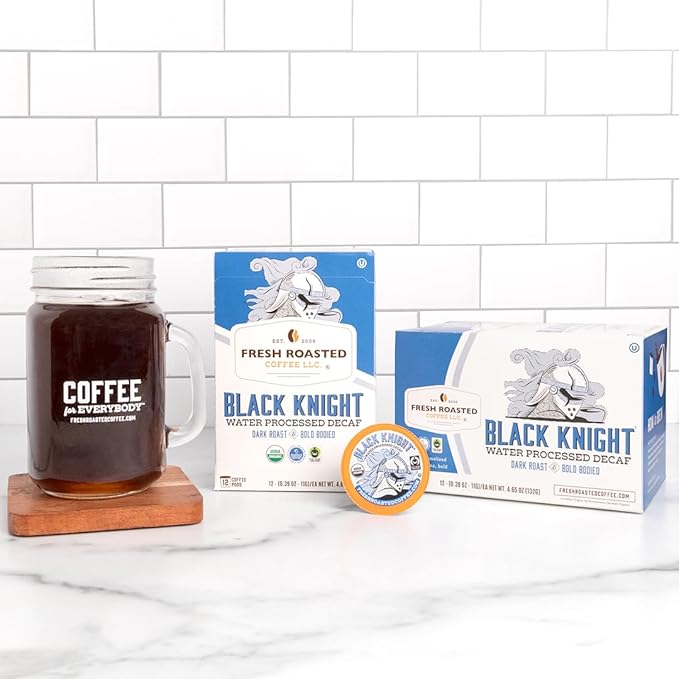 Fresh Roasted Coffee Organic Black Knight Water-Processed Decaf | USDA Organic Kosher | Dark Roast | 72 Pods for K Cup Brewers