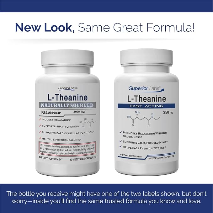 Superior Labs L-Theanine 250 mg Capsules Non-GMO Promotes Non Drowsy Relaxation &amp Helps Ease Everyday Stress Supports Healthy Sleep Promotes a Focused Mind High Absorption 90 Veg Caps