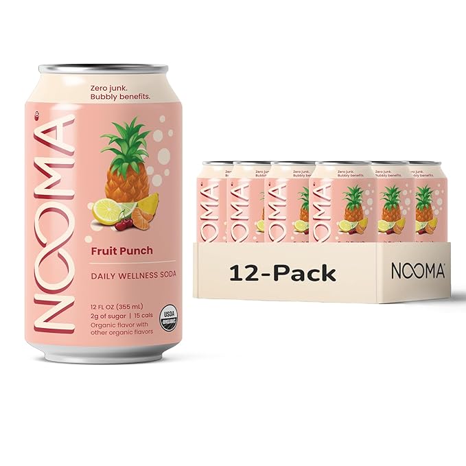 NOOMA - Daily Wellness Soda - Low Calorie &amp Low Sugar Healthy Soda - Organic &amp No Sucralose or Aspartame - Supports Muscle Recovery &amp Immune System - Vegan - Fruit Punch - 12 Pack (12oz ea