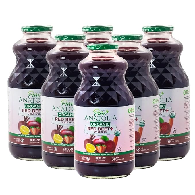 Organic Red Beet + Juice by Pure Anatolia - USDA Organic Gluten Free Vegan No Preservatives Non GMO Rich in Vitamin C Immunity Boosting - Reusable 6 Glass Bottles of 32 fl oz.