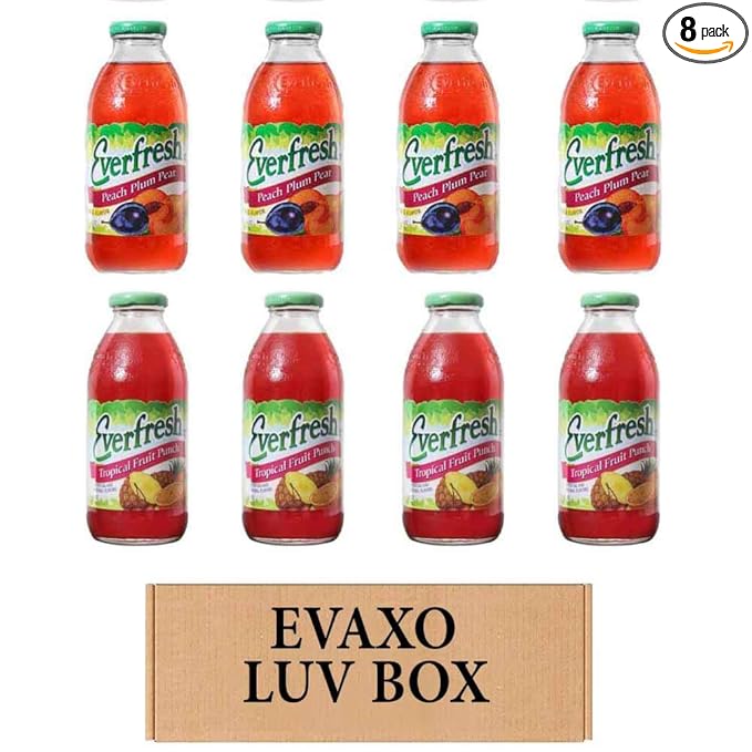LUV BOX- variety Everfresh Juice 16 oz. pack of 8 Everfresh Peach Plum Pear Everfresh Tropical Fruit Punch. by evaxo