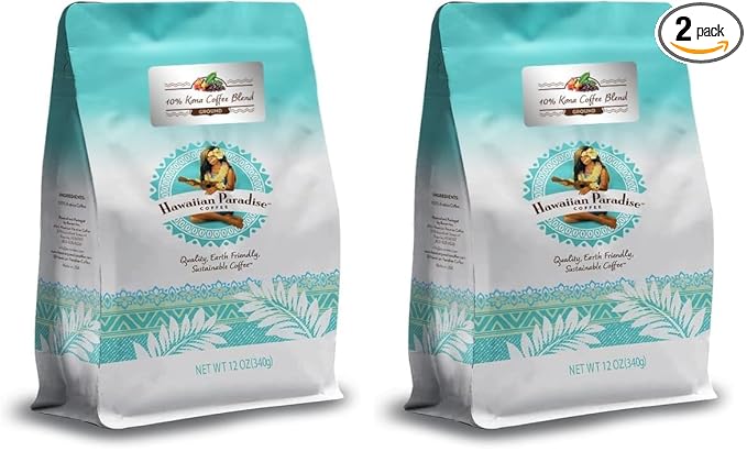 Hawaiian Paradise Coffee 10% Kona Coffee Blend Ground 12oz. Bag - Premium Rich Flavored Roast Bold Signature Brewed – 100% Arabica Gourmet Finest Beans (Pack of 2)